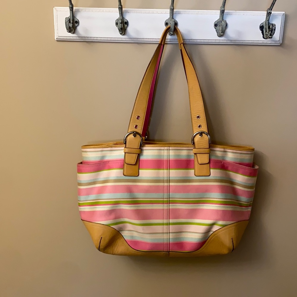 Coach Pink, Cream & Yellow Striped Canvas Tote